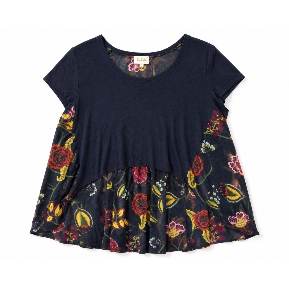 Deletta Anthropologie Navy Blue Floral Mixed Media Peplum Top Short Sleeve XS